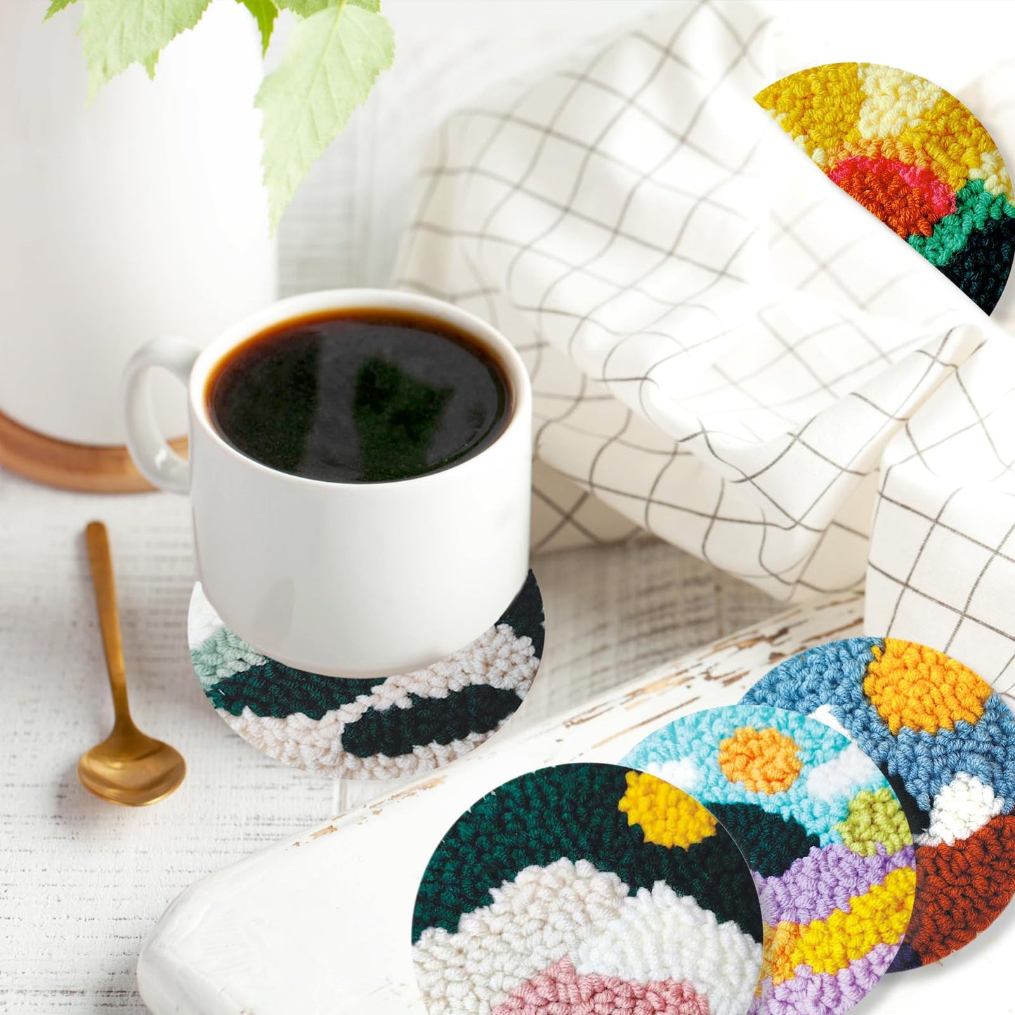 Soleeya 8-Piece Punch Needle Coaster Kit for Adults Beginners | DIY Landscape Patterns with Yarn, Hoop, Needle | Relaxing Rug Tufting Embroidery Craft Gift