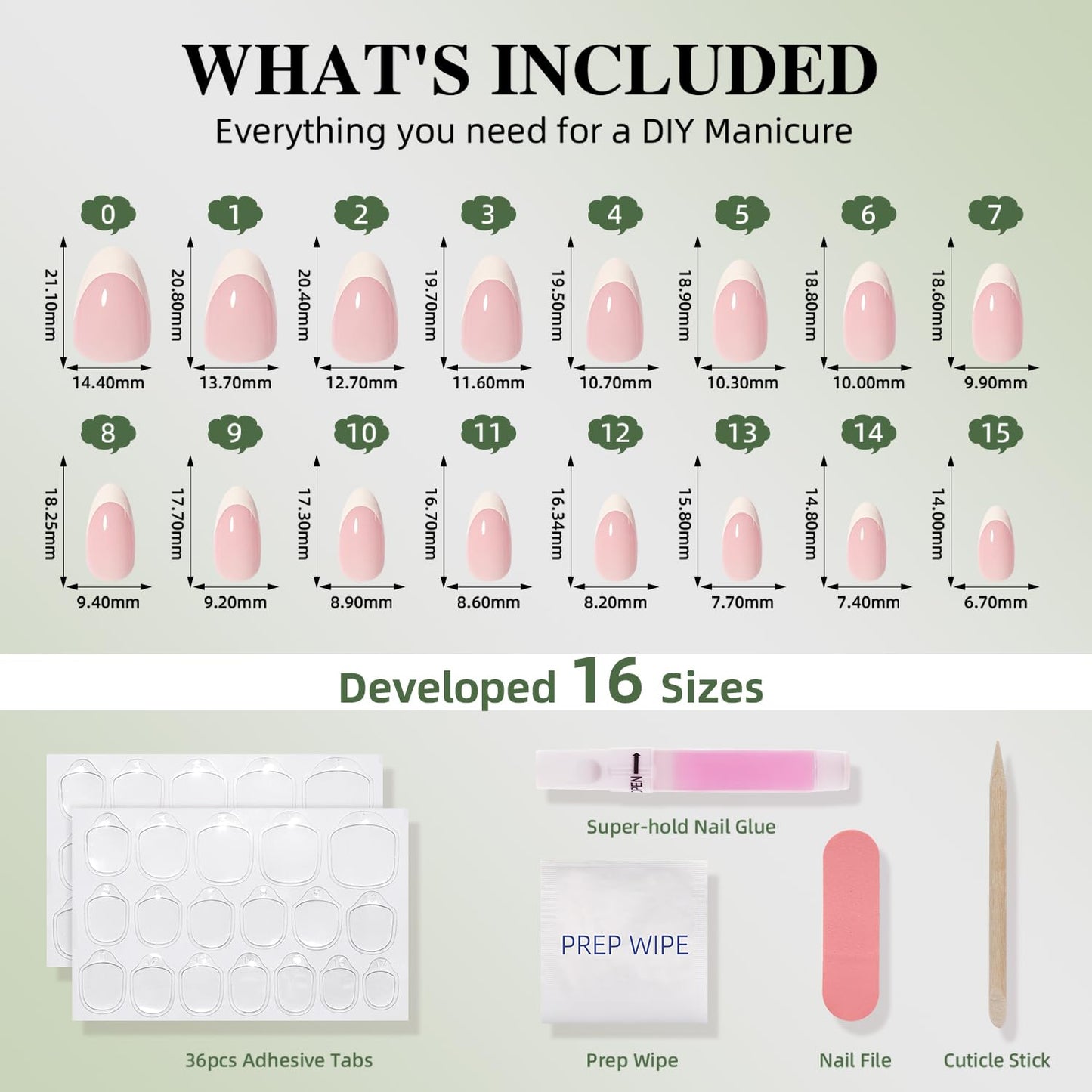 White French Tip Press On Nails - Pink Short Almond Fake Nails, White Press On Nails Reusable Stick On Nails in 16 Sizes, 32pcs False Nail Kit for Women & Girls