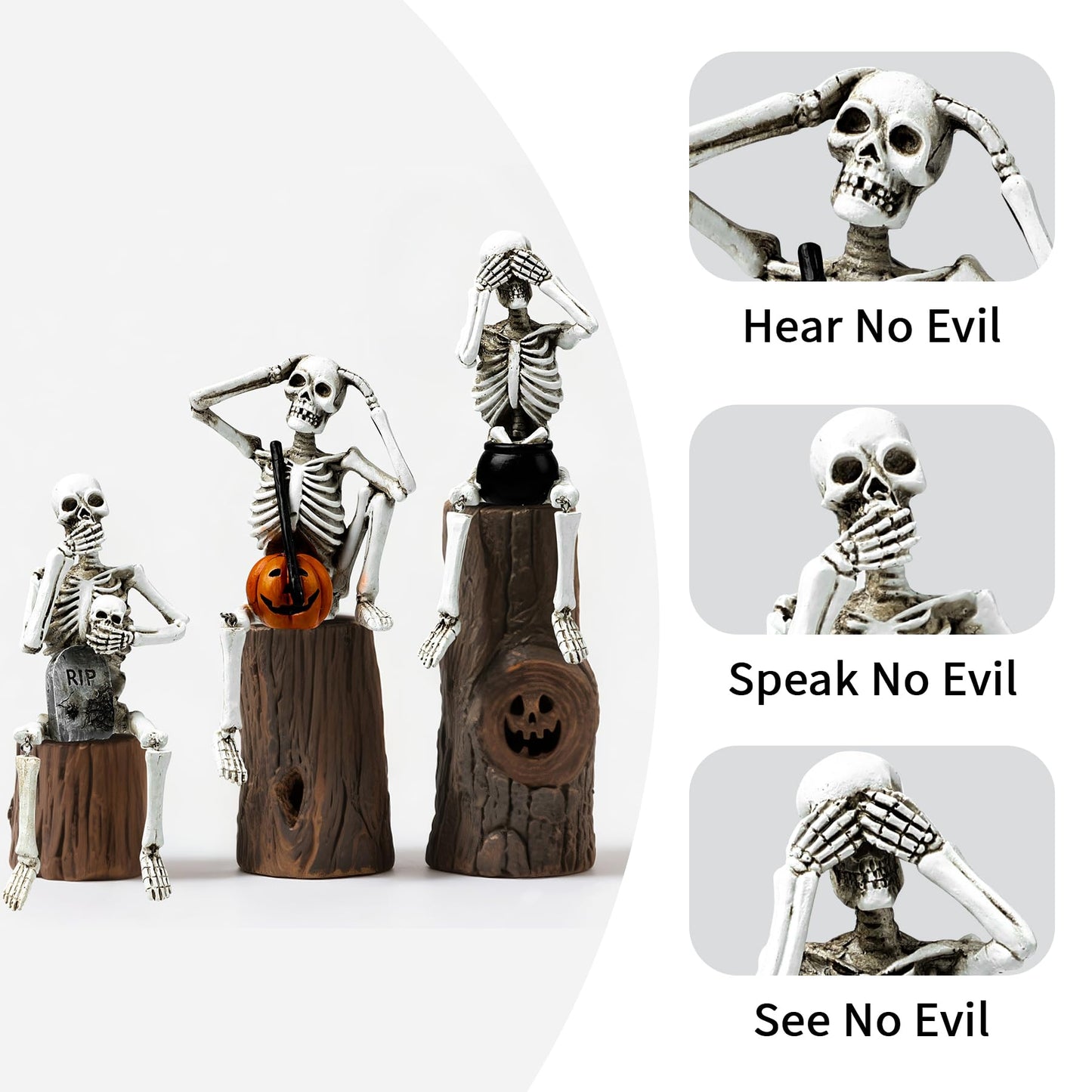 Set of 3 Skeleton Shelf Sitters – Halloween “See No Evil, Speak No Evil, Hear No Evil” Figurines – Gothic Skull Decoration with Legs Dangling – Spooky Funny Shelf Decor for Home, Party, Office