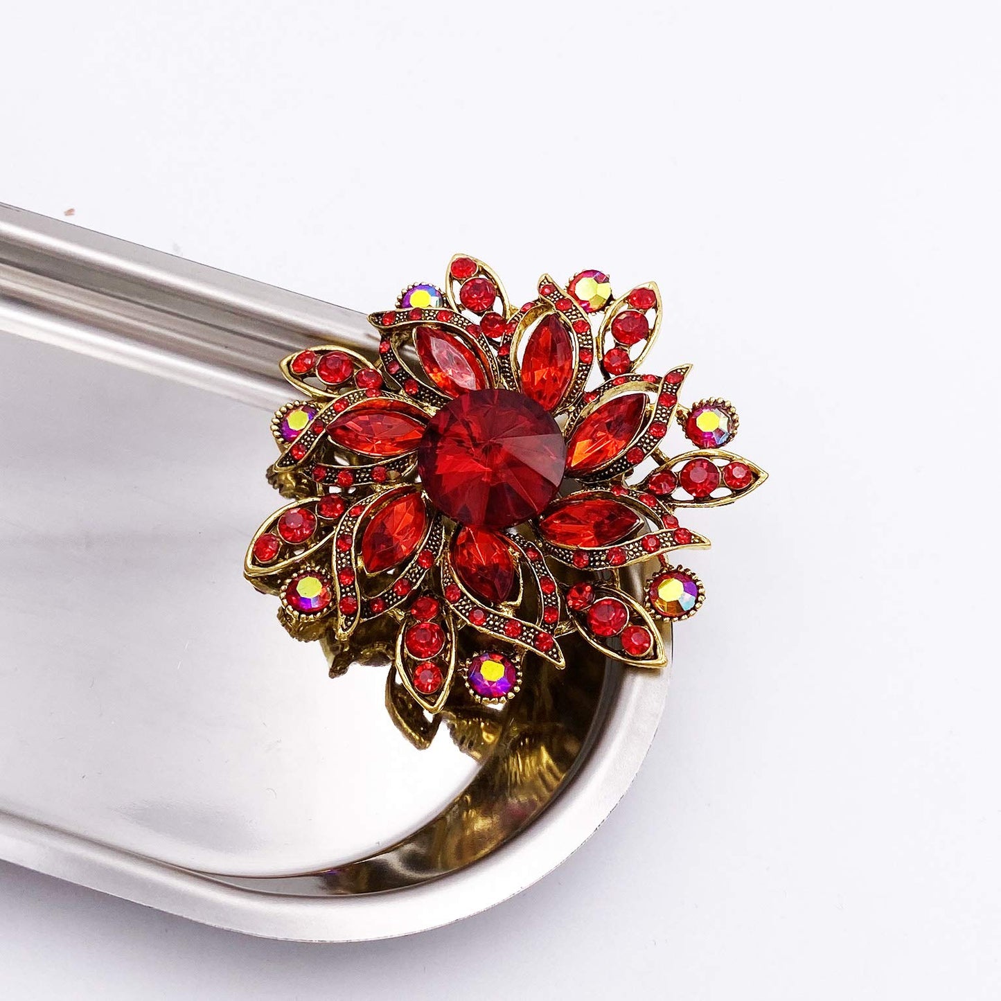 LAXPICOL Vintage Women's Red Austrian Crystal Elegant Flower Brooch Wedding Broach Pin