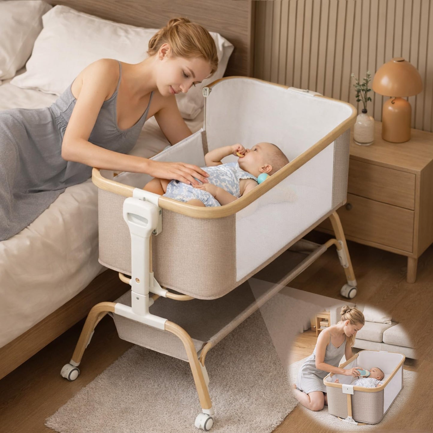 Mariserenity Rocking Baby Bassinet Bedside Sleeper, Detachable Portable Bassinet & Adjustable Crib with 8 Heights, Breathable Mesh, Storage Basket & Mobile Toy for Newborns to Toddlers(Oatmeal)