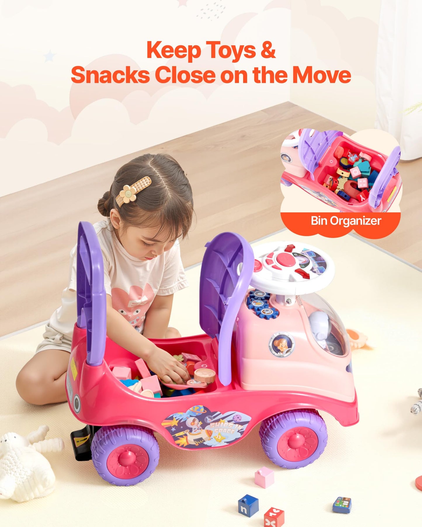 VEVOR Ride On Toddler Push Car, Push Car for Toddler 19 to 36 Months, Kids Ride On Toy with Horn & Music, 48.5 lbs Load Capacity, Under-seat Storage, Foot-to-Floor Walker for Toddlers Boys Girls, Pink