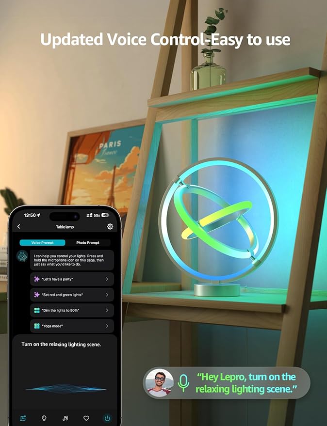 Lepro TB1 AI Smart Table Lamp, RGB+IC Addressable Color Changing Desk Light Alexa Google Home Enable, Music Sync, DIY Endless Scenes, APP Control Cool LED Lamp for Room Decor Ambient Lighting, 2.4 GHz