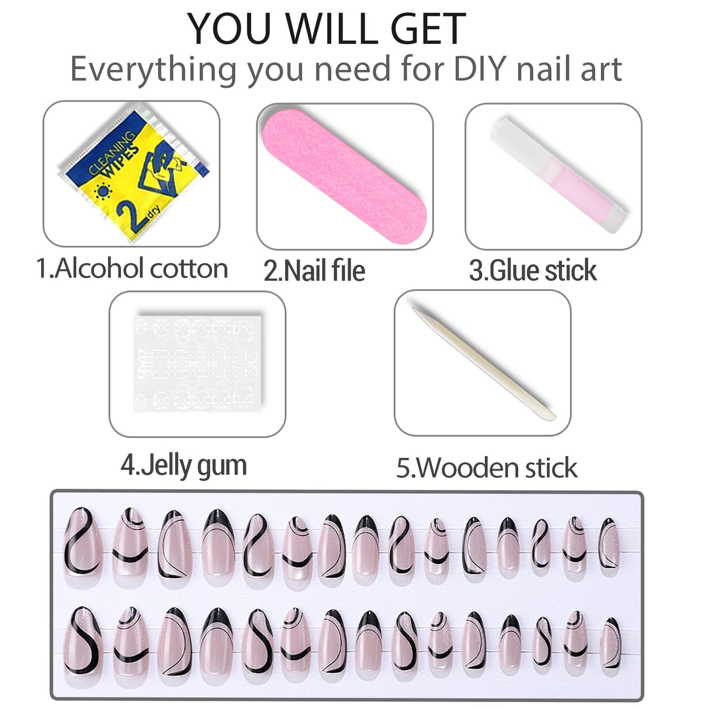 WAFOLOZE Press On Nails Long Almond Fake Nails Holiday Nail Press Ons With Simple Black Lines Cat's Eye Design, Artificial False Nails Stick On Nails for Women-30Pcs