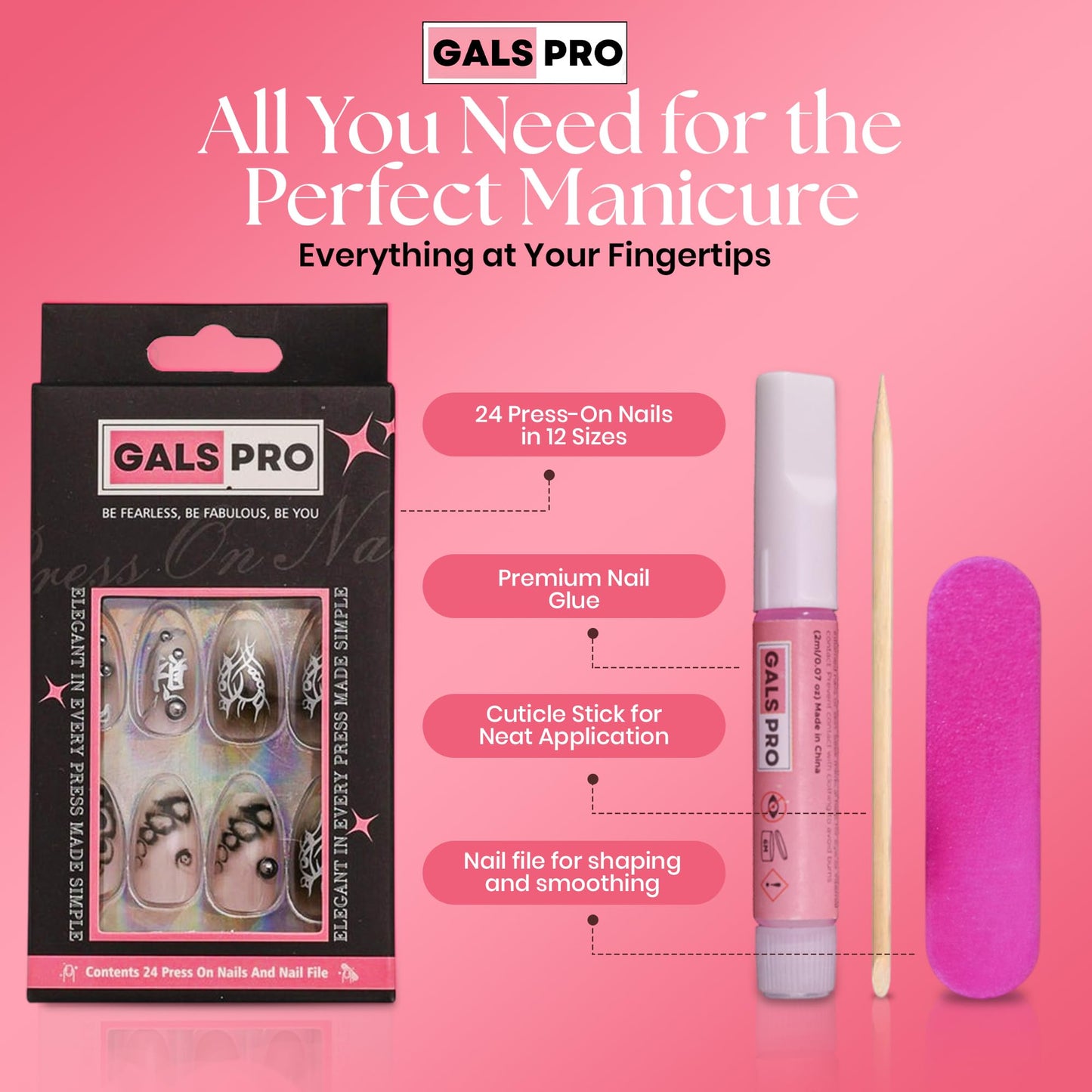 GALSPRO Short Press on Nails - Set of 24 Fake Nails with Designs in 12 Different Sizes for Perfect Fit, Cute False Nails Kit for Women with 0.07oz Nail Glue (MAKE A FORTUNE COFFIN SHAPE, Short)