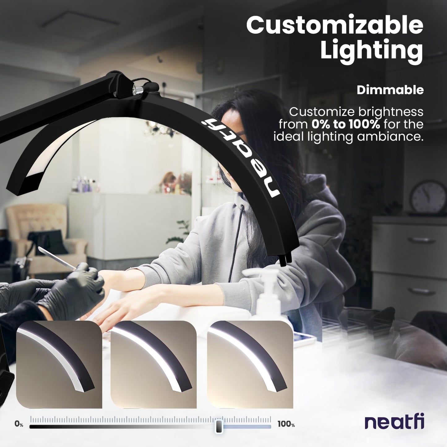 Neatfi Half Moon LED Table Lamp for Estheticians & Nail Techs – 2,500 Lumens | 5 Light Modes | Professional Task Lamp for Facial, Waxing, Threading & Tattoo (Black, CCT with Clamp)