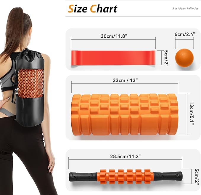 5 in1 Foam Roller Set, Trigger Point Foam Roller, Massage Roller Stick, Massage Ball, Resistance Band for Deep Muscle Massage Pilates Yoga,Fitness Exercise for Whole Body (Orange-Black)