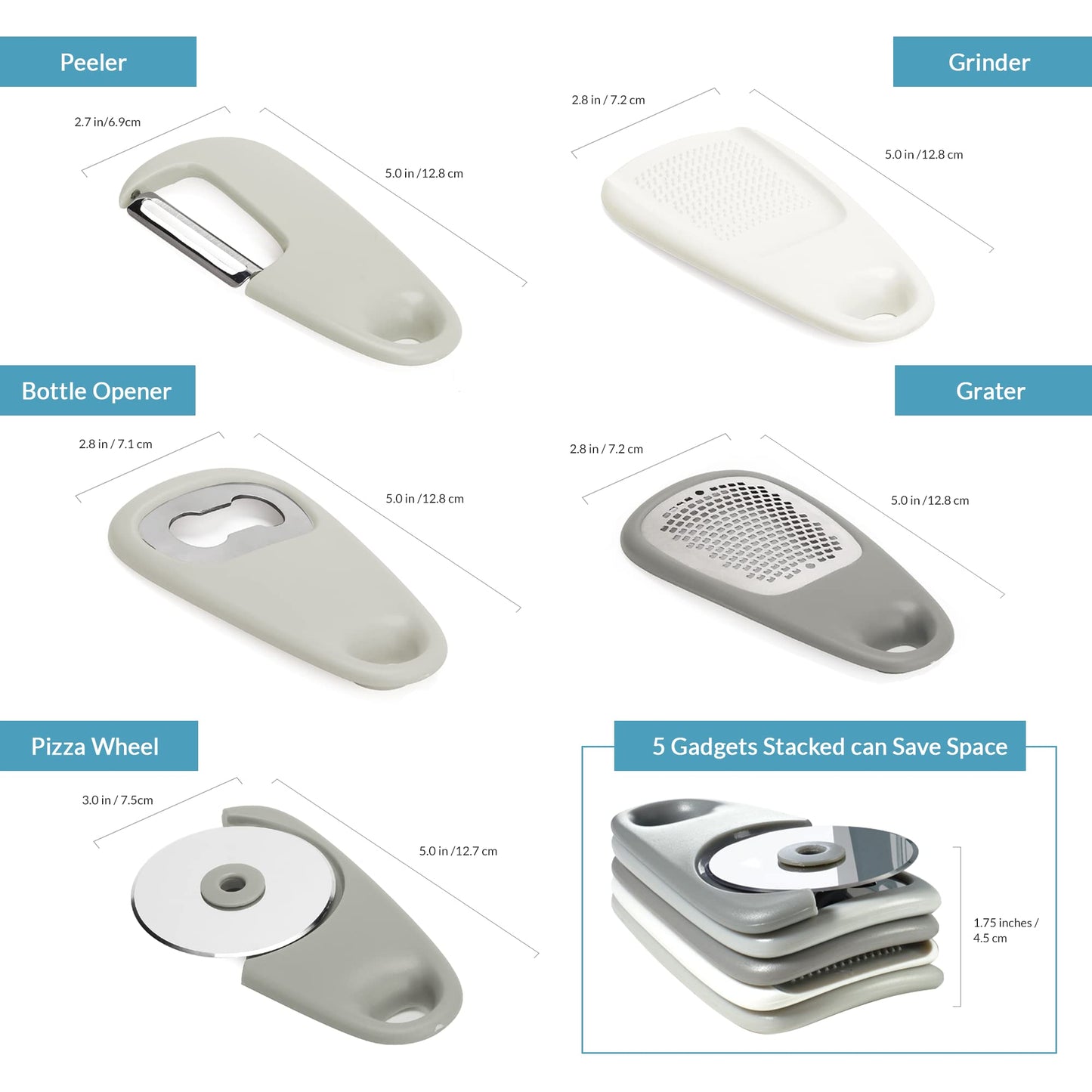 PortoFino Kitchen Gadgets Set 5 Pieces, Includes Pizza Cutter, Cheese Grater, Vegetable Peeler, Bottle Opener, Garlic Grinder, RV Kitchen Accessories, Space Saving Design, Dishwasher Safe