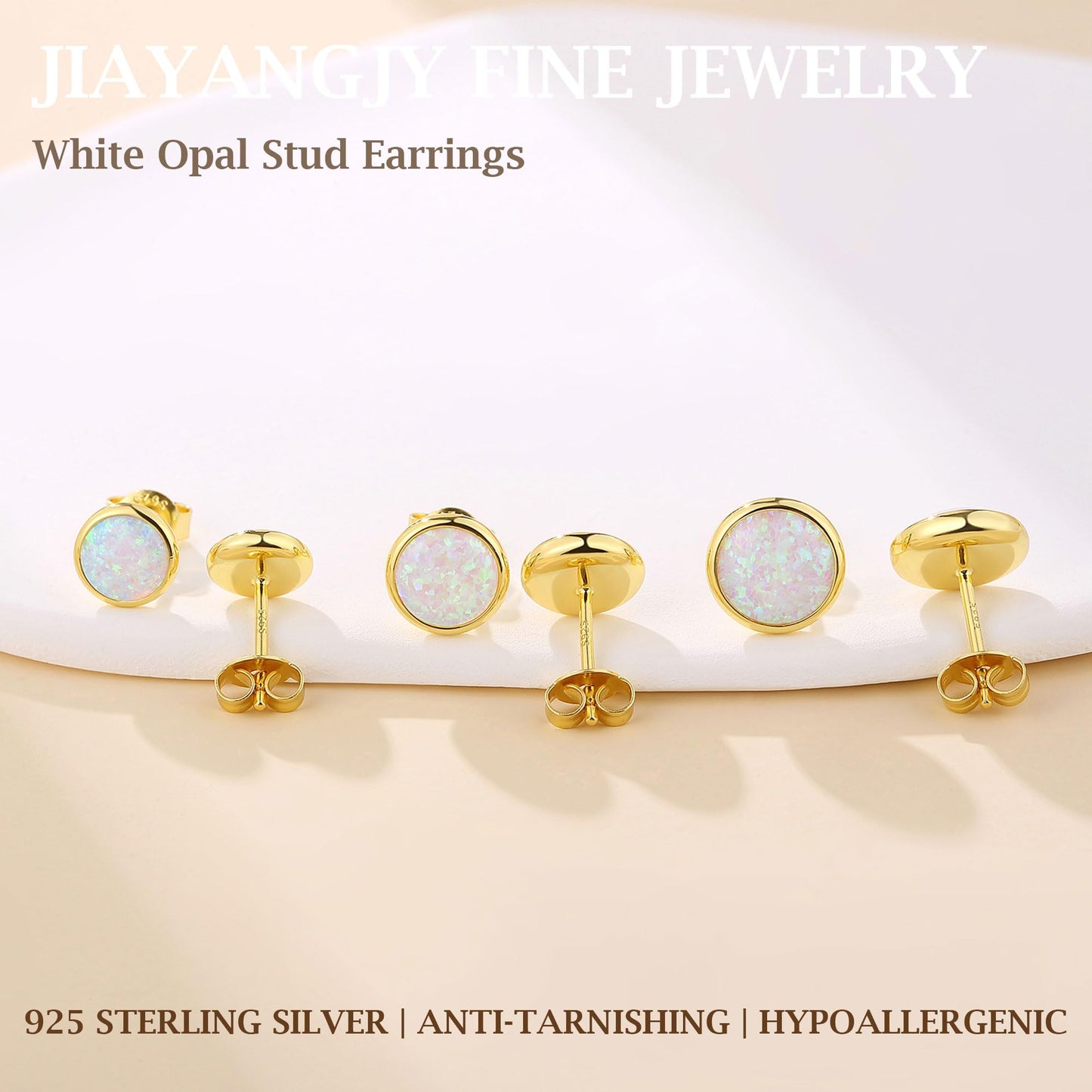 JiayangJY Silver White Fire Opal Stud Earrings for Women 18K Yellow Gold Plated Sterling Silver Round Shape 8mm Opal Earrings with Push Back