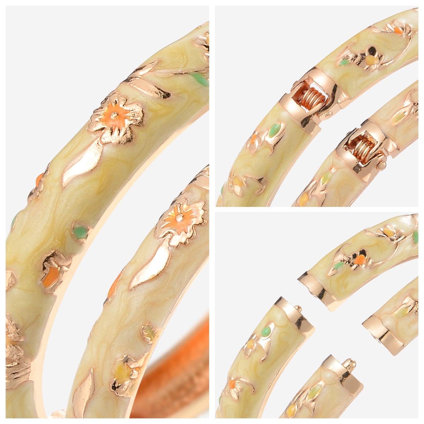 UJOY Designer Bracelet Flower Enameled Jewelry Spring Hinge Cuff Cloisonne Bangles Set Gift Box Packed 55A111-55B31 Cream Yellow