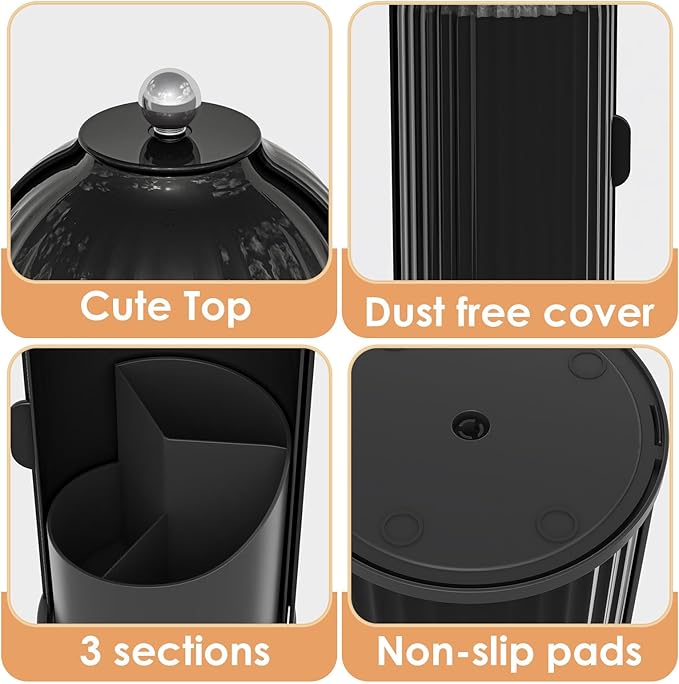 Makeup Brush Holder with Lid 360 Rotating Clear Dustproof Make Up Organizers for Vanity Bathroom Countertop, All Black