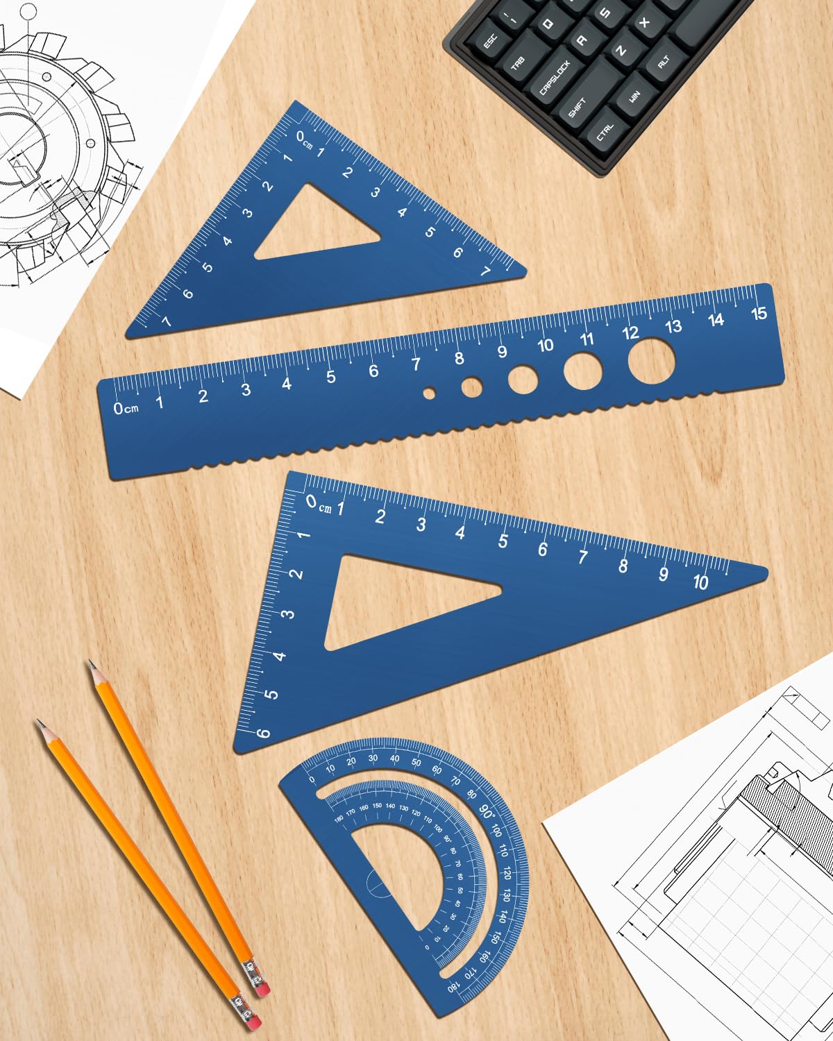 Honagu Triangular Ruler Set, 4 Pieces Aluminum Alloy Ruler, Metal Drafting Ruler, Geometric Protractor for Students, Draftsmen, Engineers, School Office Supplies (Blue)