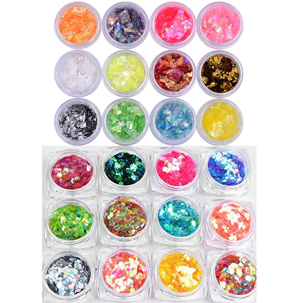 Yeslady Nail Glitters Mylar Slices Sequins Chunky Iridescent Flakes Round Mermaid Charms DIY Art Sticker Tips Decoration 24Boxes