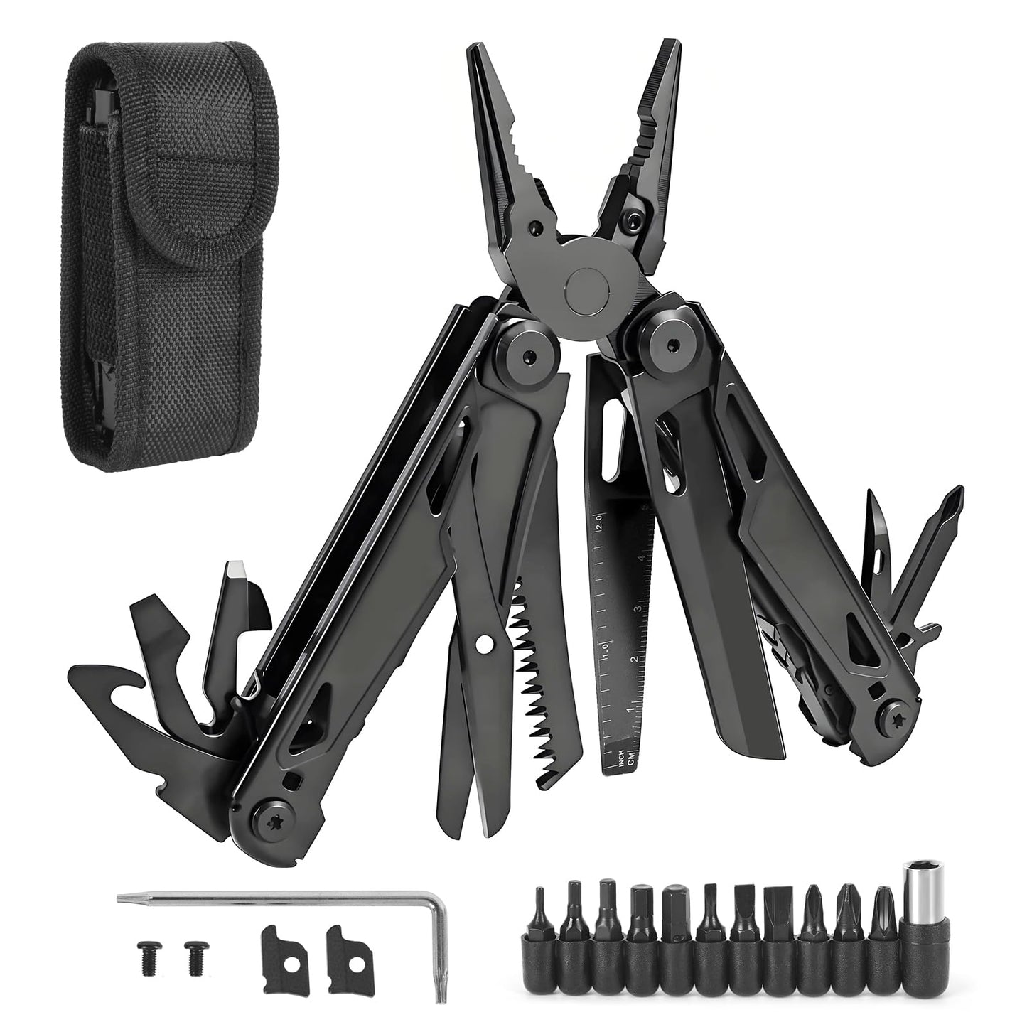 JIEHET Multitool, 28-in-1 Stainless Steel Multi-Tool with Pocket Knife, Self-locking Pliers, Bottle Opener Professional Multi Tool for Outdoor, Survival, Camping, Hiking, Hunting - Black
