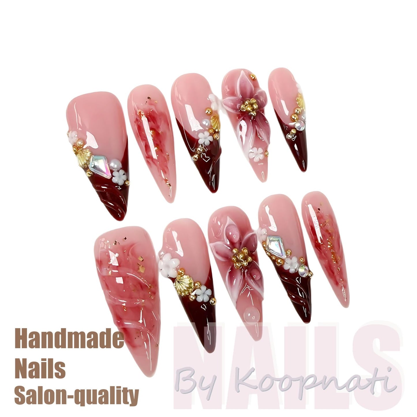 Handmade Press On Nails Almond Long Homemade Press On Nails French Tip With 3D Design Fake Nail Art For Women S