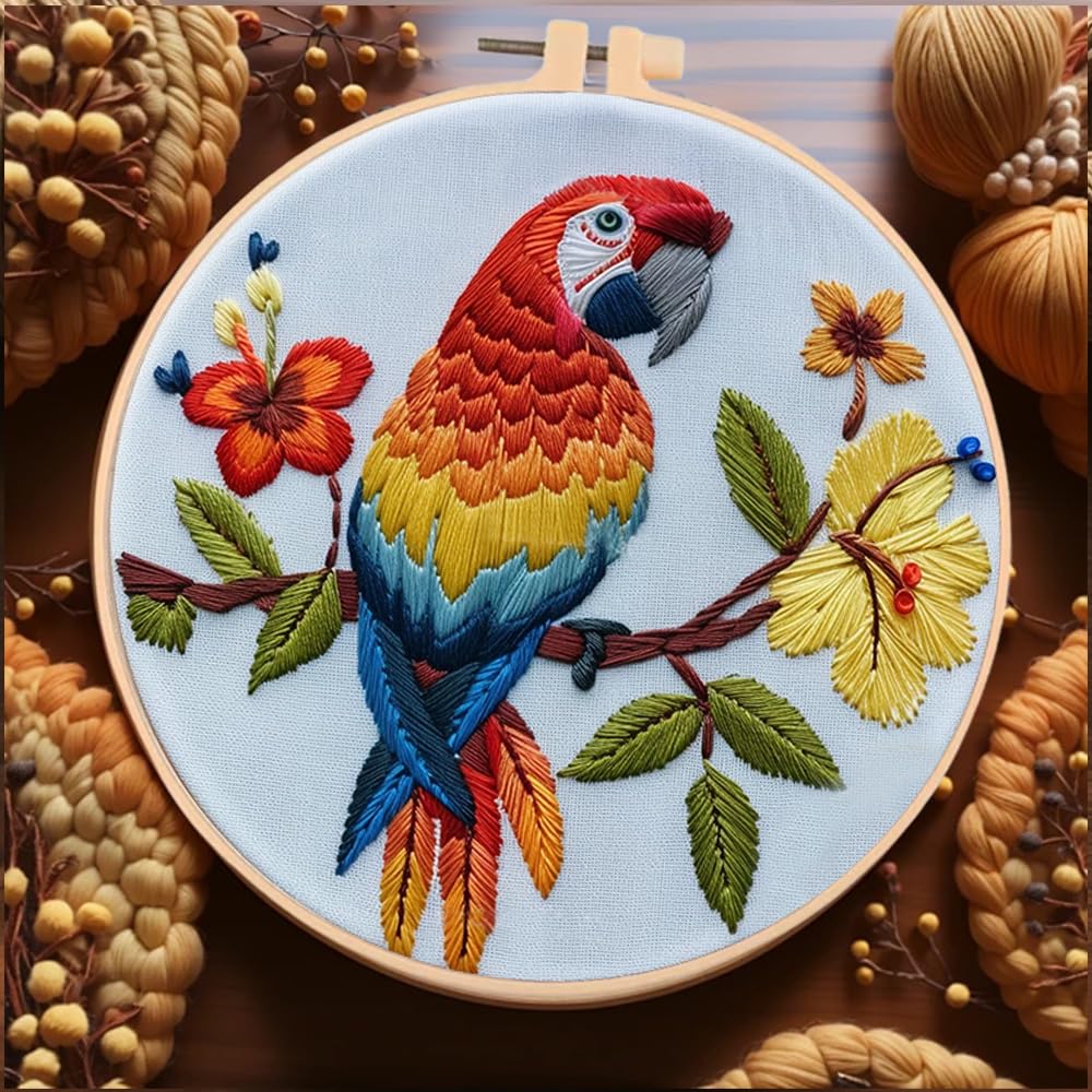 Huacan Embroidery Kits for Adults Beginner DIY Cross Stitch Stamped Animal Pattern Stitching Sewing Kit 1 Piece 7.9 x 7.9 Inch (Parrot)