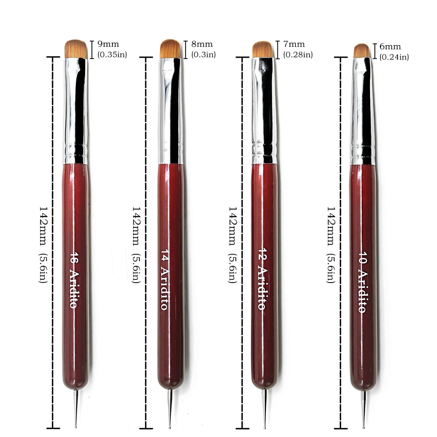 Aridito 4Pcs Professional Acrylic French Manicure Clean-Up Brushes & Dotting Pens - Red Wood Handles, Precision Tips (#10#12#14#16) for Nail Art, Cuticle Care