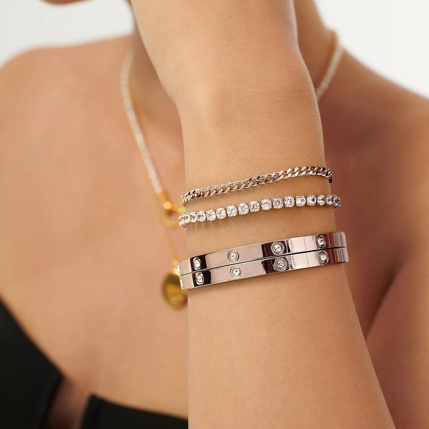 Kainier Gold Bracelets Sets for Women 4pcs Love Bangle Bracelet Cubic Zirconia Tennis Cuban Chain Stacking Gift for Love Gold/Silver (Silver)