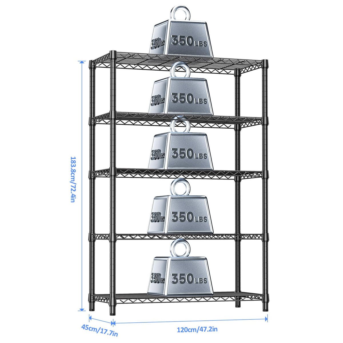 5 Tier 72"in Height 1750 LBS Garage Steel Wire Shelving for Pantry