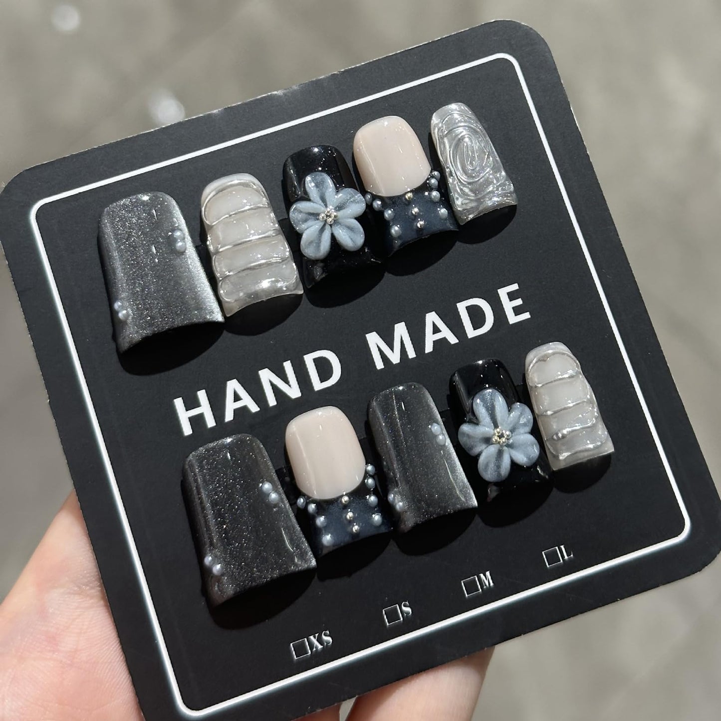 French Tip Press on Nails Handmade Short Duck 3D Flower Thick Acrylic Nails Black Sparkly False Nails with Pearls Silver Chrome Powder Designs Glossy Fake Nail Sturdy Art Press on Nail 10Pcs(S)