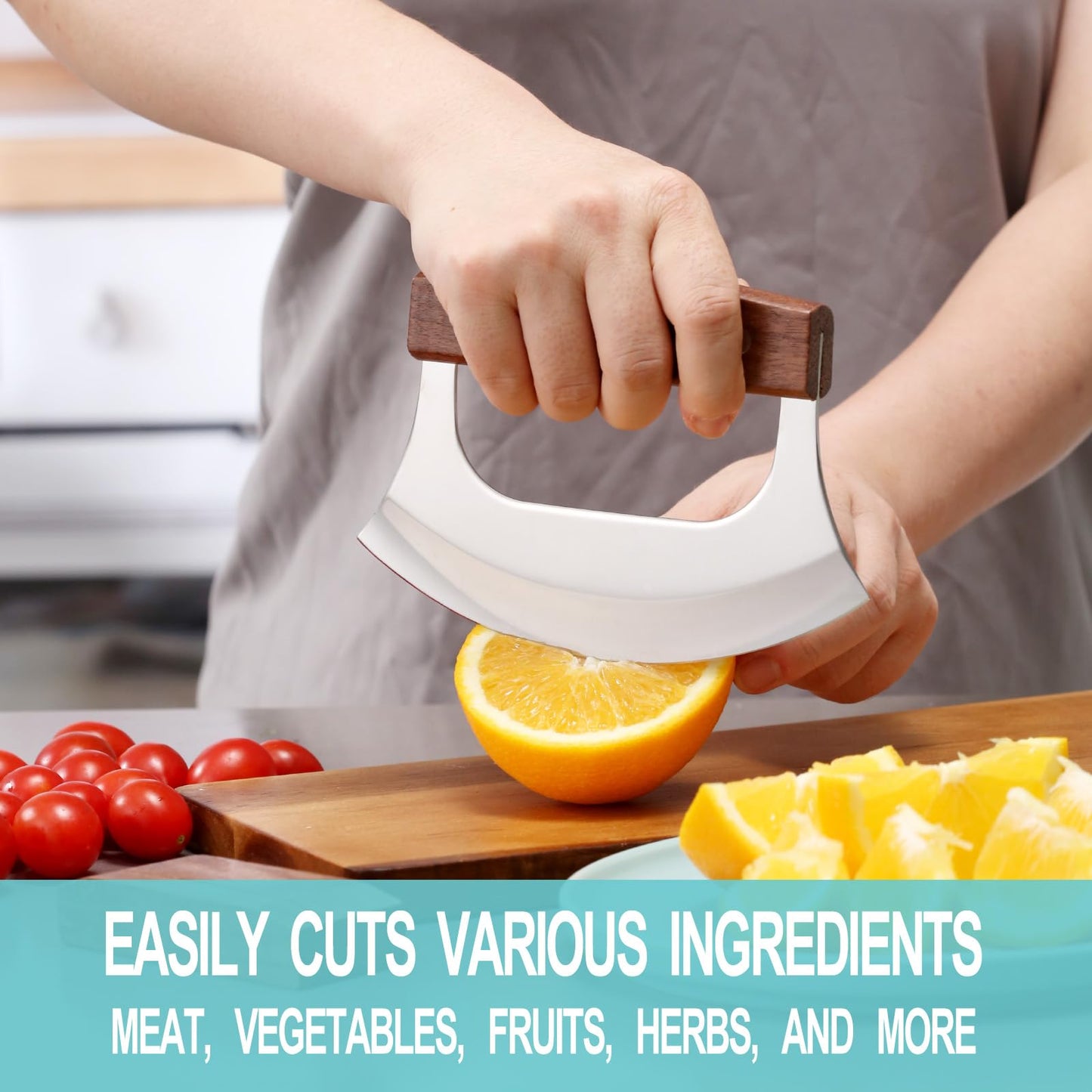 Coowolf Ulu Knife - Sharp Rocker Mezzaluna Knife with Stand for Cutter Pizza, Meat, Vegetables, Herb, Salad, Stainless Steel Blade, Walnut Wood Handle, Kitchen Essentials Accessories and Gadgets Tools