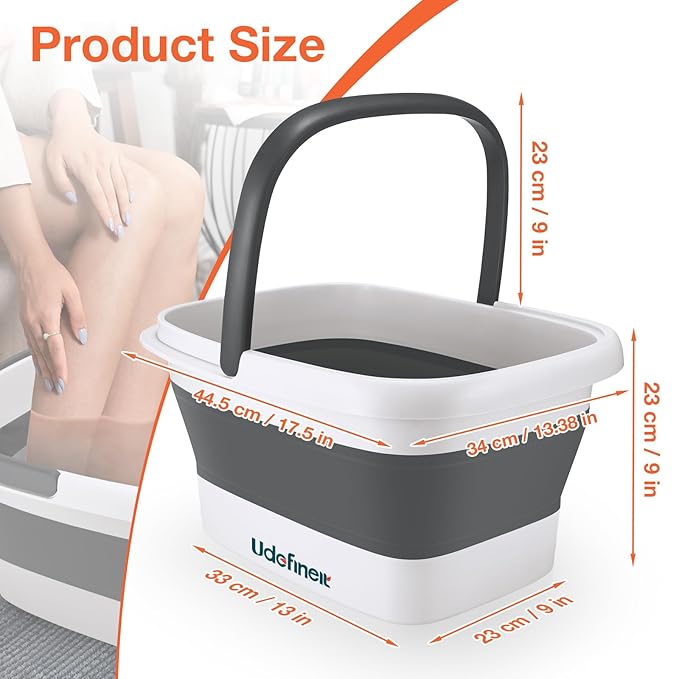 Udefineit Collapsible Foot Soaking Tub with Handle, 15L/4 Gallons, Portable Pedicure Feet Spa Tub, Plastic Feet Soaking Basin with Acupressure Massage Points, Folding Foot Spa Pedicure Bowl - Grey