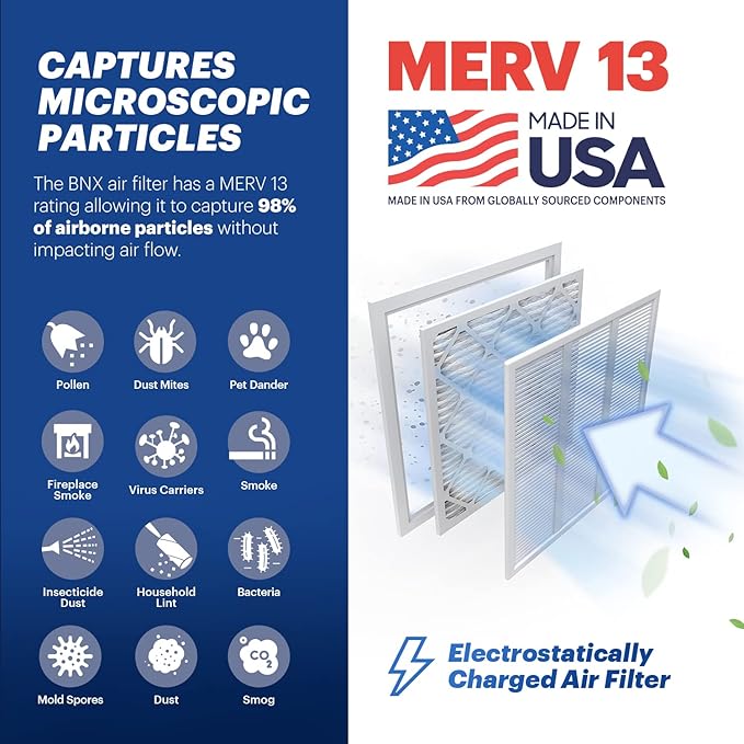 BNX TruFilter 14x20x1 Air Filter MERV 13 (6-Pack) - MADE IN USA - Electrostatic Pleated Air Conditioner HVAC AC Furnace Filters for Allergies, Pollen, Mold, Bacteria, Smoke, Allergen, MPR 1900 FPR 10