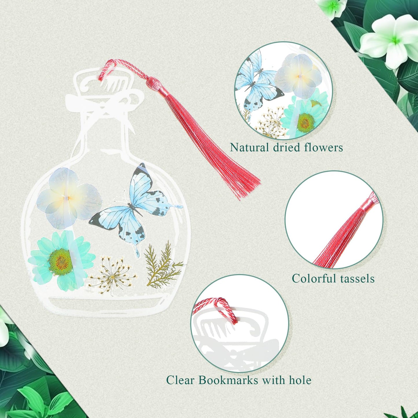TaoBary 152 Pcs DIY Transparent Dried Flower Bookmark Set Handmade DIY Bookmarks with Dried Pressed Flowers Leaves Butterfly Stickers Colorful Tassels and Tweezers for Reader Writer(Macaron Color)