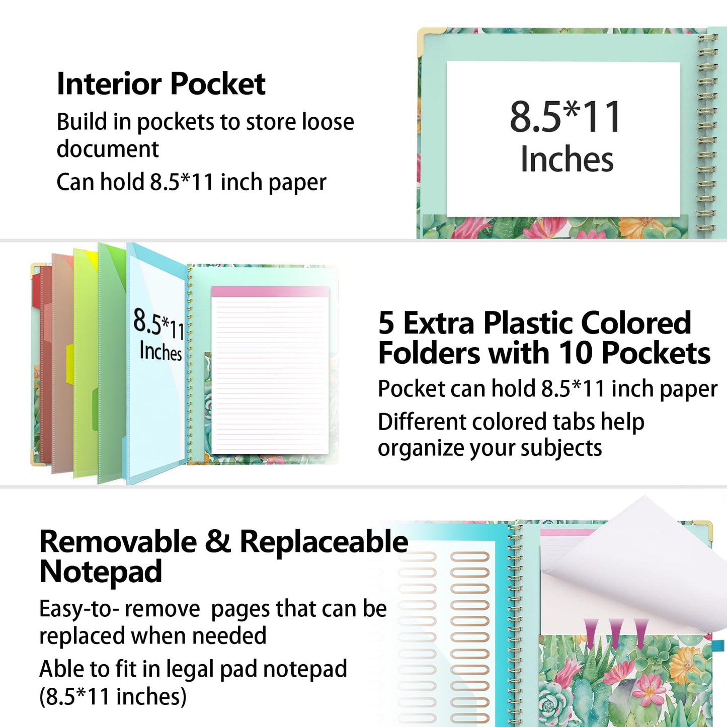 Clipboard Folder with Notepad Refillable Lined for Letter Size (11" x 8.5"), 5 Dividers with Storage 10 Pockets, Cute Spiral Foldable Clipboard with Metal Clip School Office Supplies(Cactus Flowers)