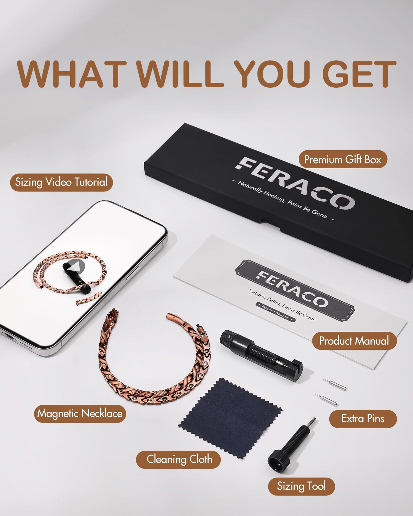 Feraco Copper Necklace for Men Women, 99.99% Pure Copper Magnetic Chains with 3500 Gauss Ultra Strength Neodymium Magnets, Adjustable Jewelry Gift (Fishtail)