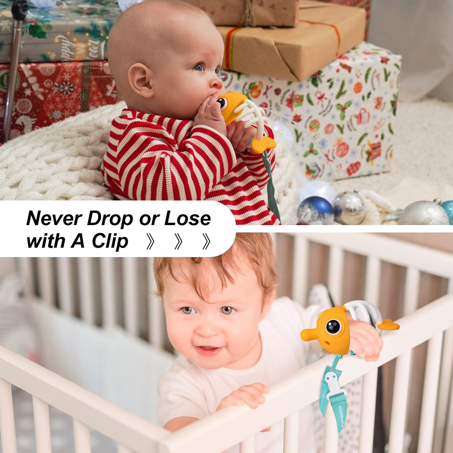 Mombella Clownfish Teethers for Babies 3-6 Months, Baby Teething Toys 6-12 Months with Lanyard to Attach on, Silicone Tether with Different Textures to Gnaw, Ergonomic for Little Hands, Saffron