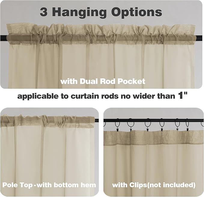 Chyhomenyc Taupe Sheer Curtains 54 Inch Long 2 Panels, Light Filtering Rod Pocket Voile Short Curtains Drapes for Living Room Bedroom Small Windows, 42Wx54L Inches