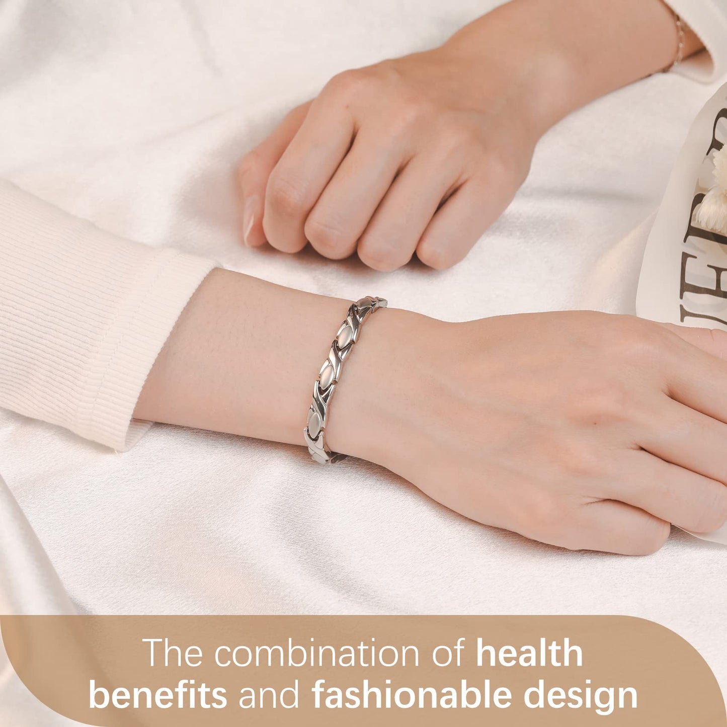 Feraco Magnetic Bracelet for Women Titanium Steel Magnetic Therapy Bracelet with Neodymium Magnets, Unique X Shape Links (Silver)