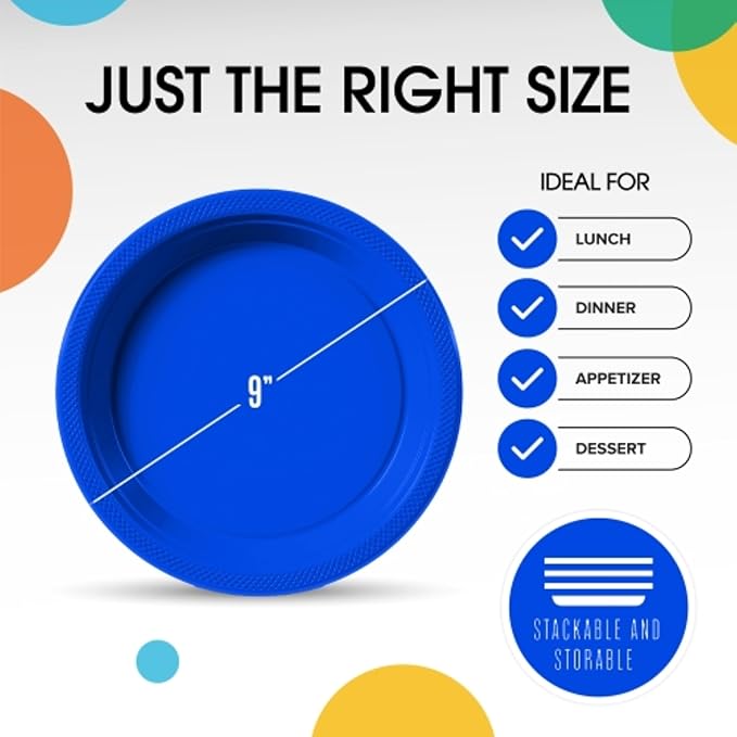Exquisite Party Solids Dark Blue Plastic Plates For Party Supplies 9" Dark Blue Disposable Plates Heavy Duty 50 Pcs Plastic Dinnerware Sets Heavy Duty 350 GSM Disposable Dinnerware Set