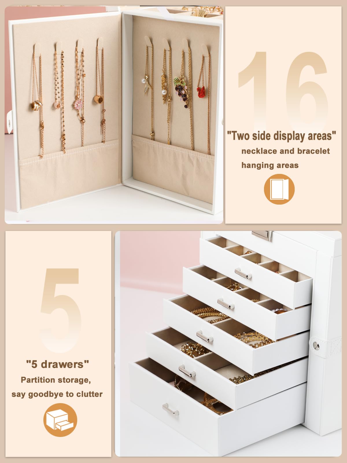 BOOVO Jewelry Box For women, 6 Layer Large Jewelry Organizer With Mirror, Multi-Function Storage Box With Lock, Necklace Holder With 5 Drawers, For Earrings Necklace Bracelet (Silver and White)