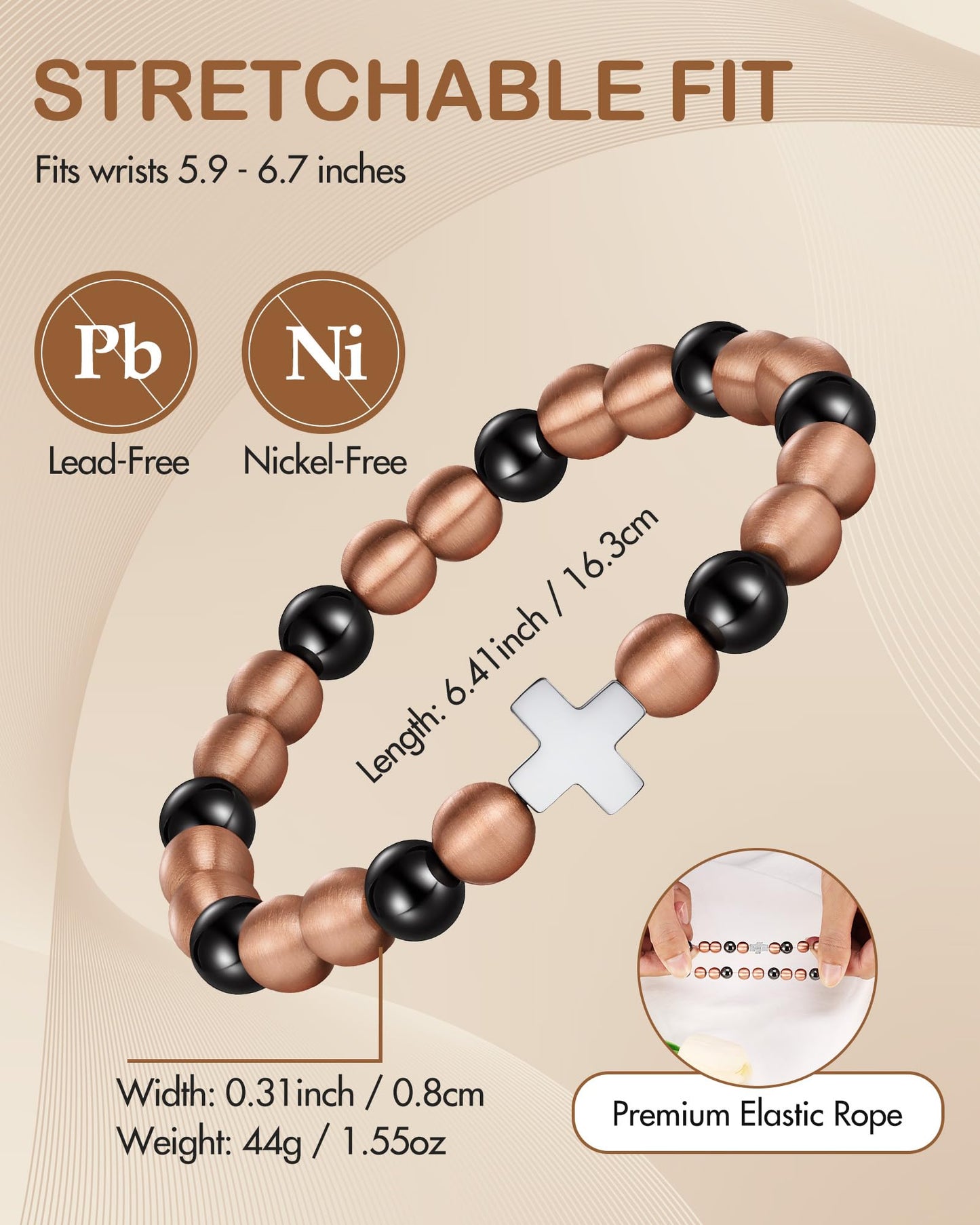 Feraco Pure Copper Magnetic Bead Bracelet for Men Women with Cross, 8mm 99.99% Solid Copper & 3500 Gauss Magnetic Hematite Beads, Unisex Stretch Wristband, Gift-Ready Jewelry (Silver)