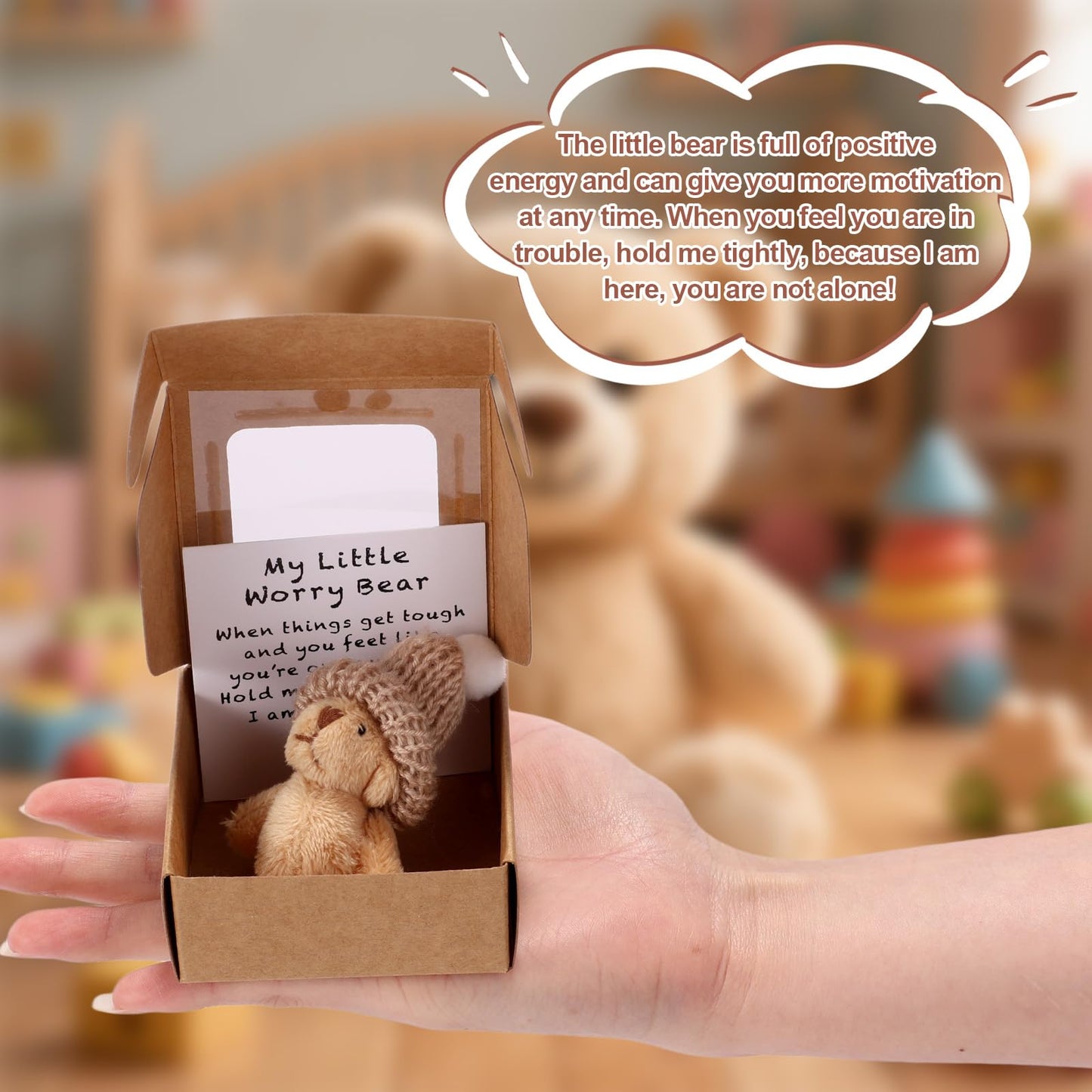 TOYMIS 1 Set Mini Plush Worry Bear with A Hat, Handmade Positive Small Plush Bear in A Box with Encouragement Little Card Inspirational Support Easter Egg Toy for Family Friend Coworkers Gift