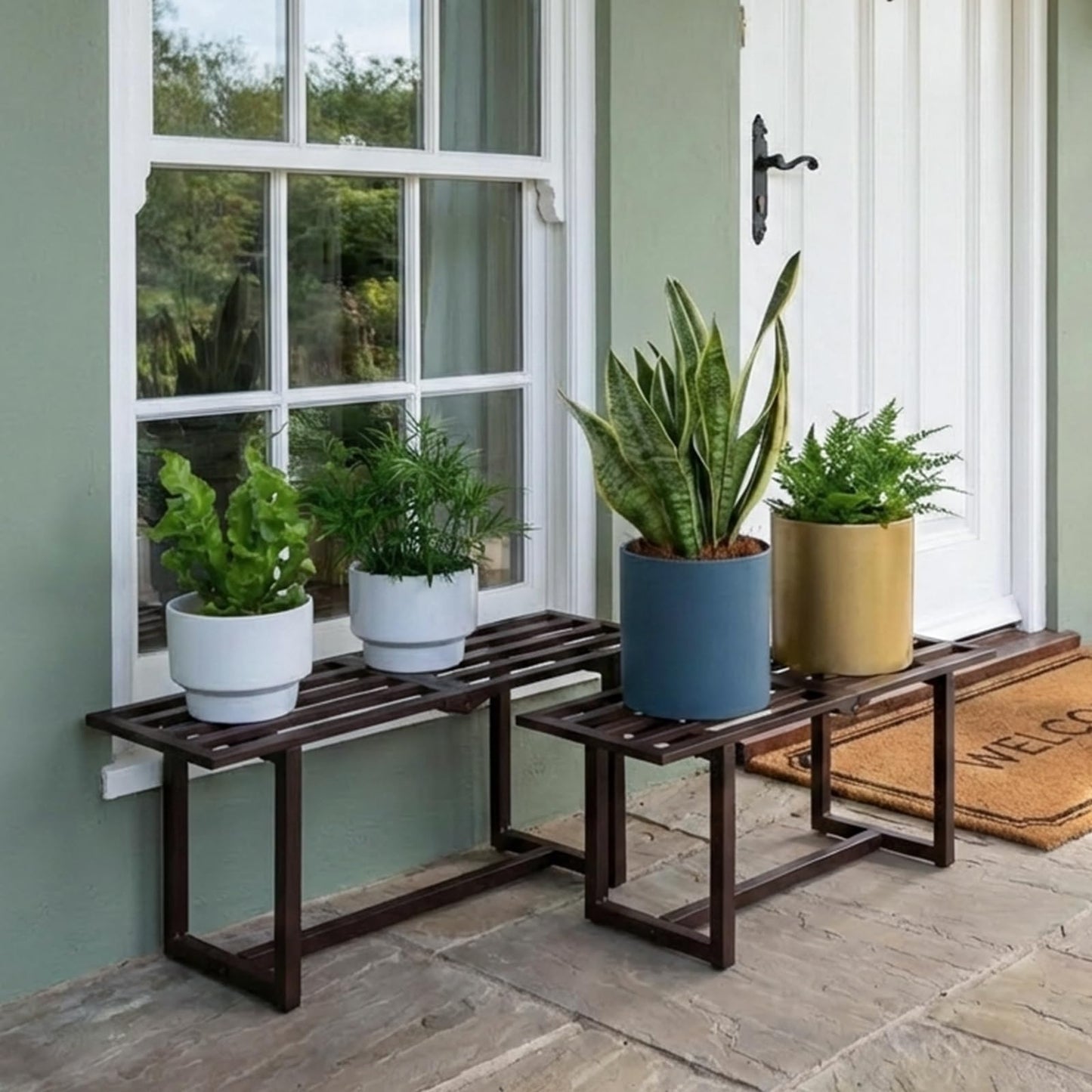 Rioneta 2-Pack Elegant Mid-Century Modern Metal Tiered Plant Stand Robust 330 lbs Capacity Versatile Indoor Outdoor Display for Living Room, Patio & Balcony Coffee