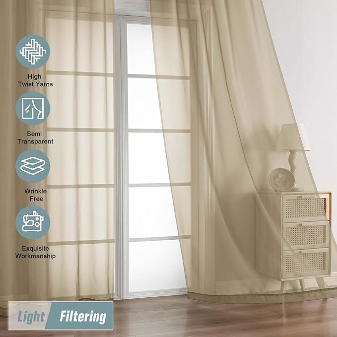 Taupe Sheer Curtains 63 Inch Length 2 Panels, Voile Sheer Curtain for Living Room, Breathable Light Filtering Modern Window Treatments, Soft Fabric Dual Rod Pocket Drapes, 2x42Wx63L Inches