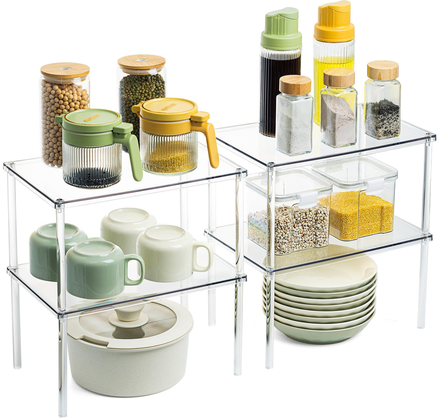 Bobomoment Acrylic Cabinet Organizer, Set of 4 Spice Rack Organizer for Cabinet, Desk Countertop Shelf Organizer, Pantry Kitchen Storage and Organization, Stackable Shelves House Essentials for Gift