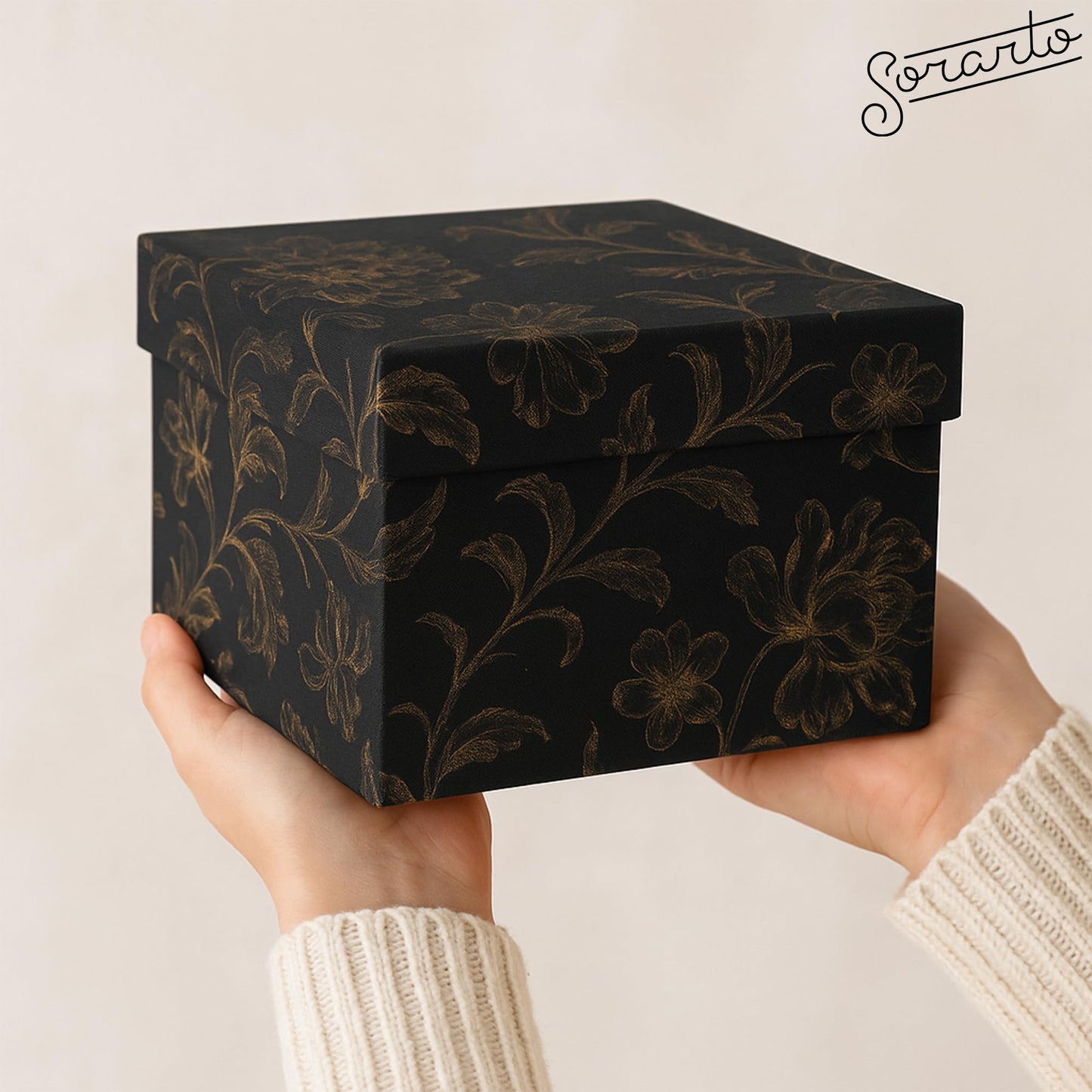 Sorarto Square Gift Boxes with Lids 4pc Set | Black Gold Floral Nesting Gift Boxes for Presents Birthday Wedding Bridesmaid Christmas