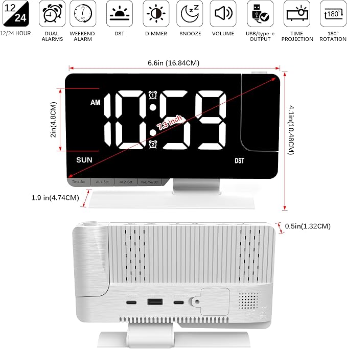 Lamisola Projection Alarm Clock for Bedroom Ceiling, White Digital Clock