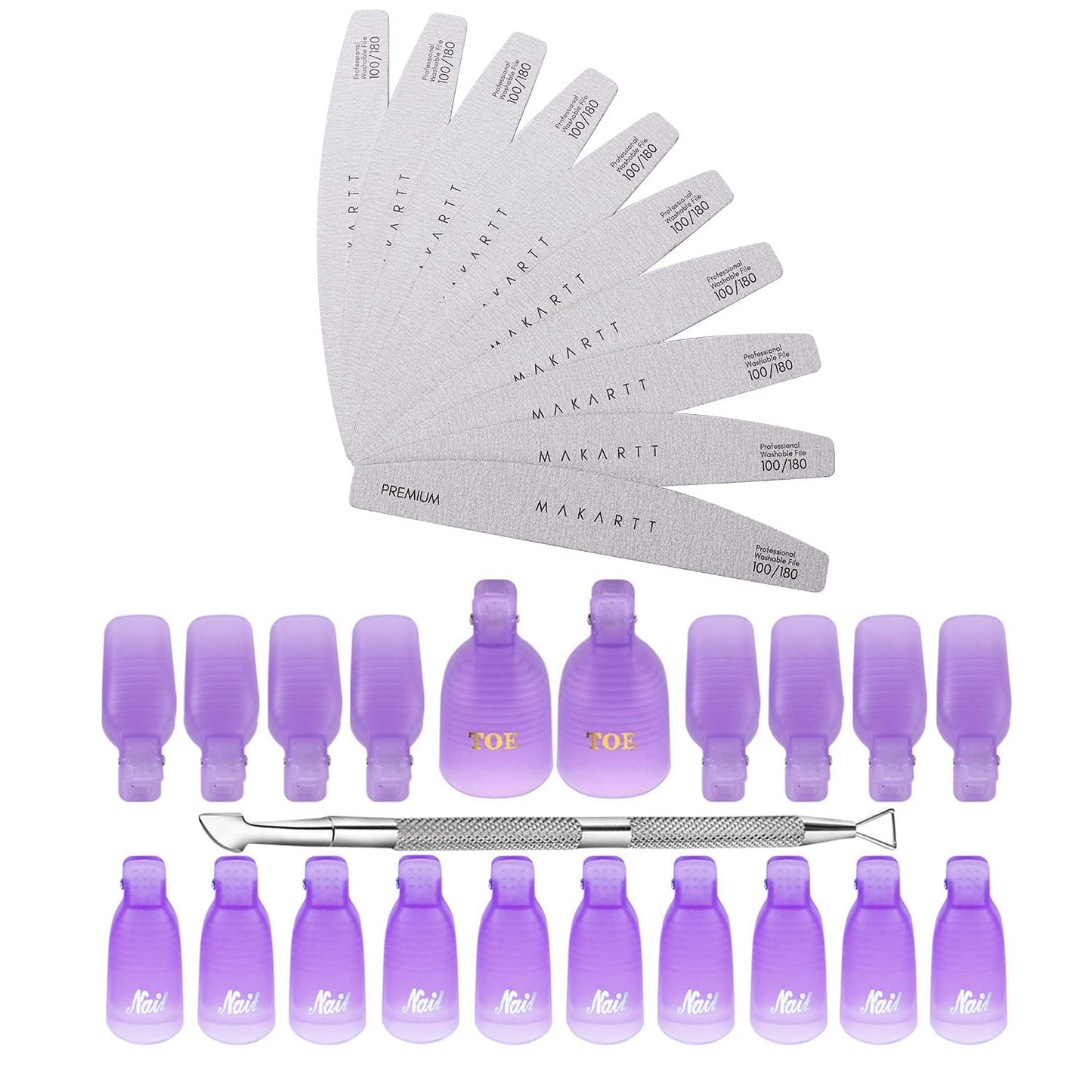Makartt Gel Nail Polish Remover Clips Kit, Nail File Zebra Nail Files, 20 Pcs Reusable Finger and Toenail Acrylic Nail Polish Remover Wraps, Nail Files 100/180 Grit for Acrylic Nails Poly Nail Gel