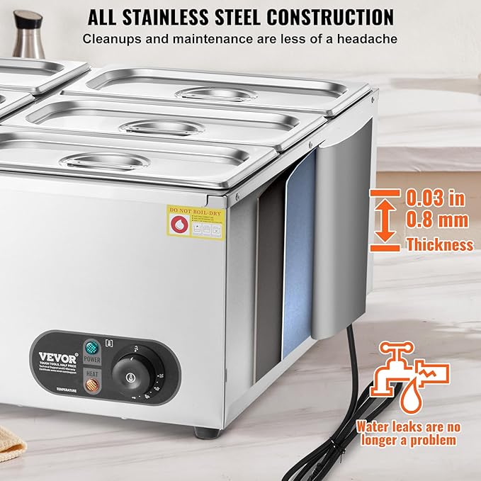 VEVOR 110V 6-Pan Commercial Food Warmer, 1200W Electric Steam Table 15cm/6inch Deep, Stainless Steel Buffet Bain Marie 48 Quart for Restaurants