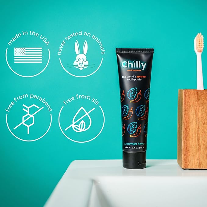 Chilly Natural Spicy Whitening Toothpaste with Intense Spearmint Flavor and Ghost Pepper Flakes – SLS & Fluoride Free Toothpaste, Whitening Formula for Fresh, Healthy Smile (Pack of 1)