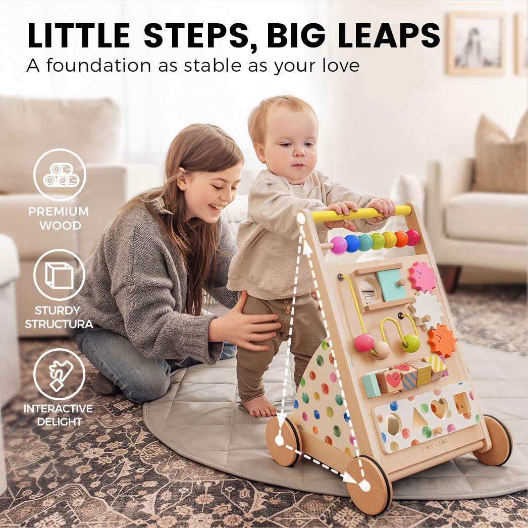 Tiny Land Wooden Baby Walker with Adjustable Speed, Montessori Activity Push Walker Toy for Toddlers, Colorful Learning Walker for Boys & Girls (Rainbow)