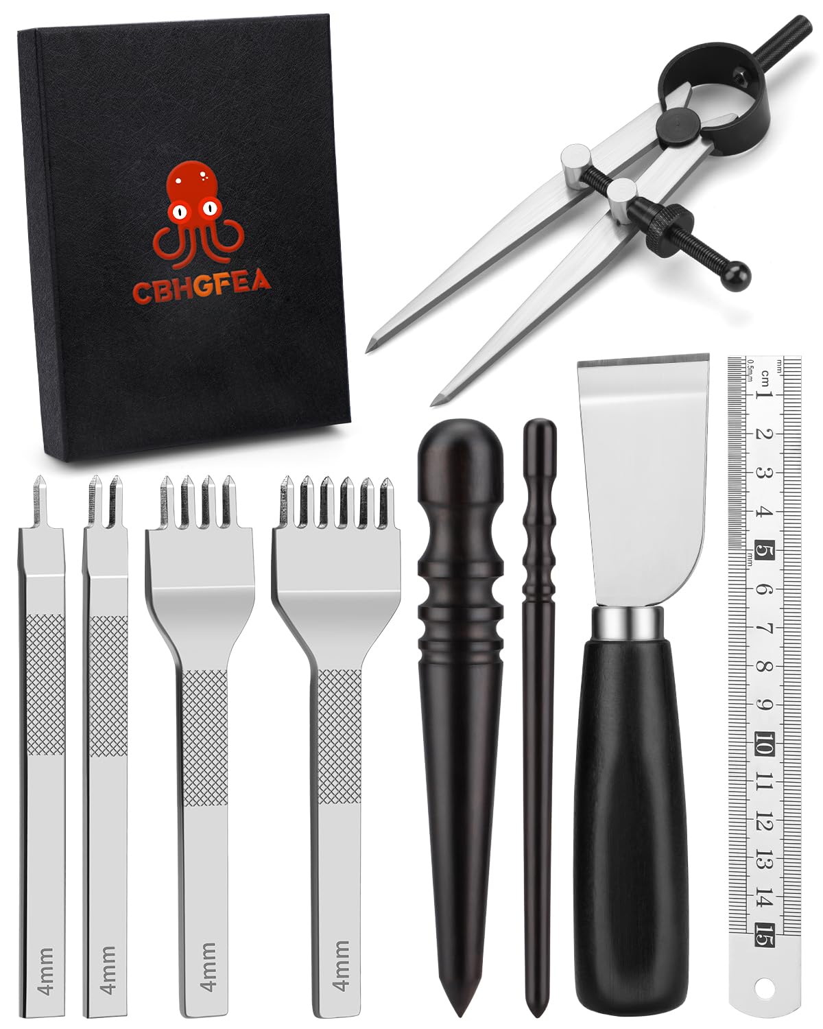 CBHGFEA Leather Working Tools Kit Includes Cutting Knife, Edge Burnisher, 1/2/4/6 Stitching Punch, Leather Compass Geometry Tool and Steel Ruler for DIY Leathercraft DIY Projects