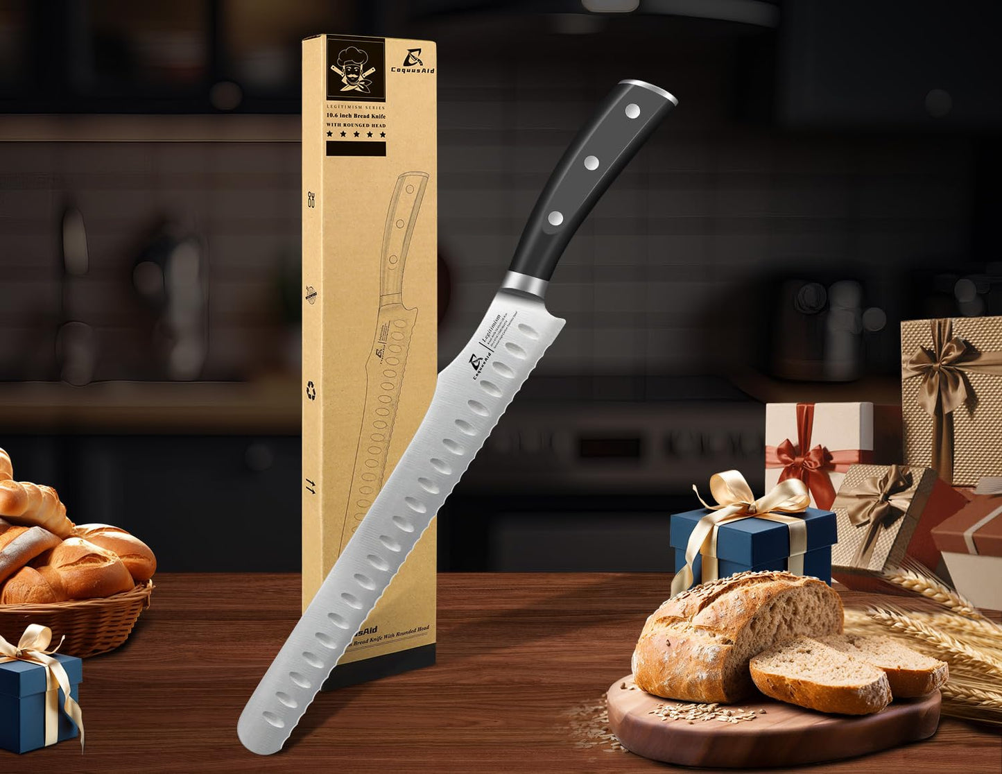 CoquusAid Bread Knife for Homemade Bread, 10.6 Inch Multifunction Serrated Knife, Razor Sharp Slicer, High Carbon German Steel Bread Cutter, Ergonomic Handle Design for Sourdough Turkey Fruit Cutting