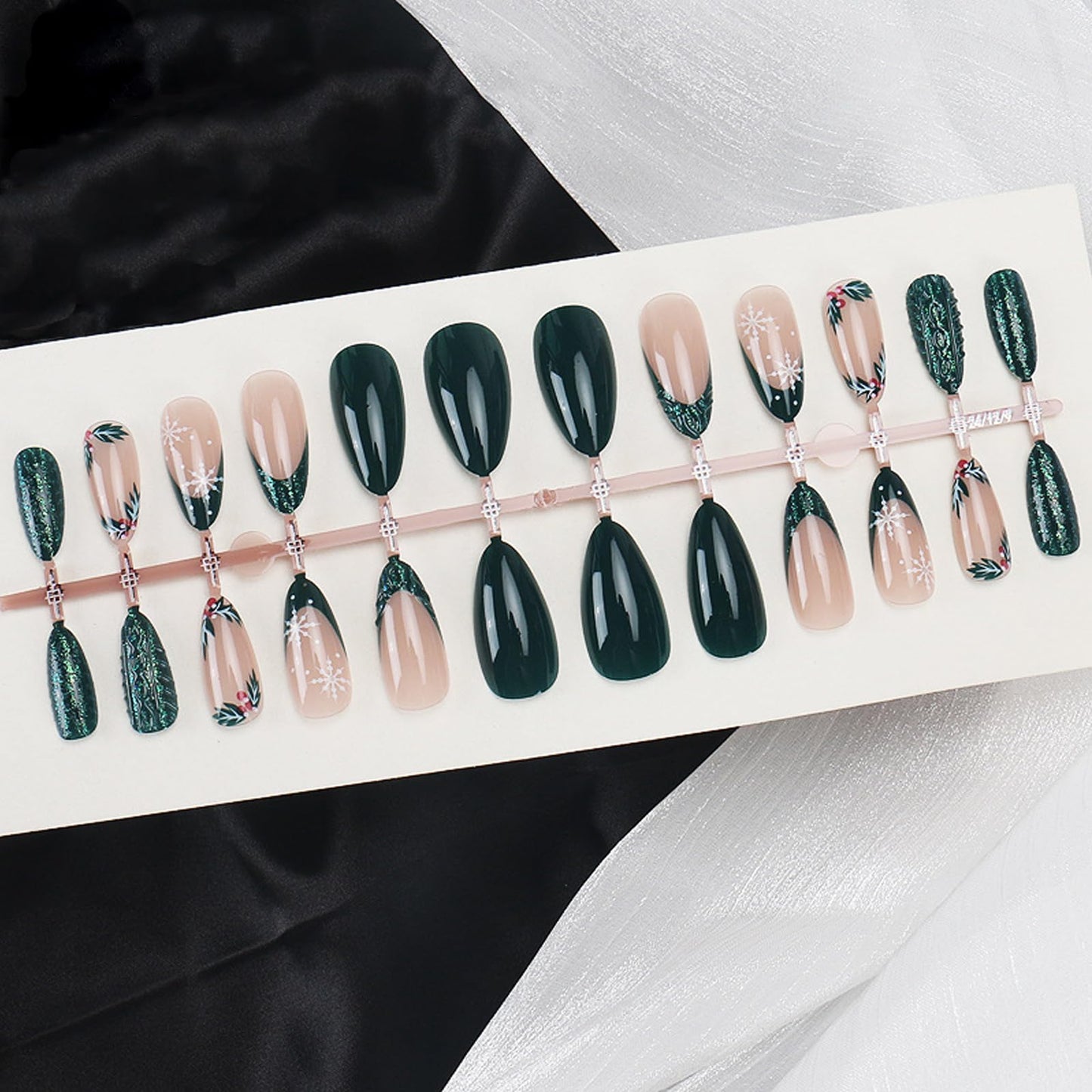 IMRAIN French Tip Press on Nails Medium Almond Fake Nails Green Glitter Acrylic False Nails Full Cover Glossy Stick on Nails for Women