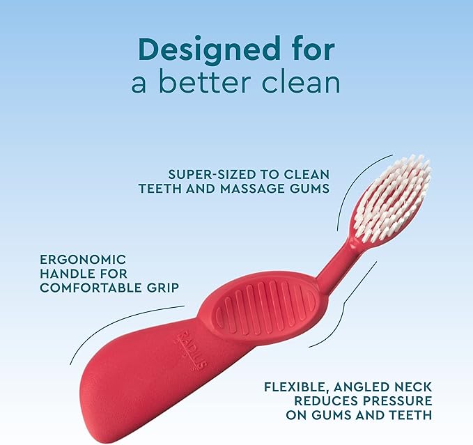 RADIUS Flex Brush with Soft Bristles Toothbrush BPA Free & ADA Accepted Designed to Improve Gum Health & Reduce Issues - Left Hand - Purple/Watermelon/White - Pack of 3